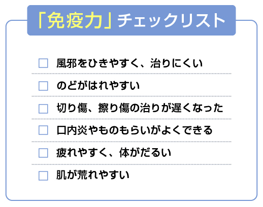 風邪をひきやすく、治りにくい。のどがはれやすい。切り傷、擦り傷の治りが遅くなった。口内炎やものもらいがよくできる。疲れやすく、体がだるい。肌が荒れやすい