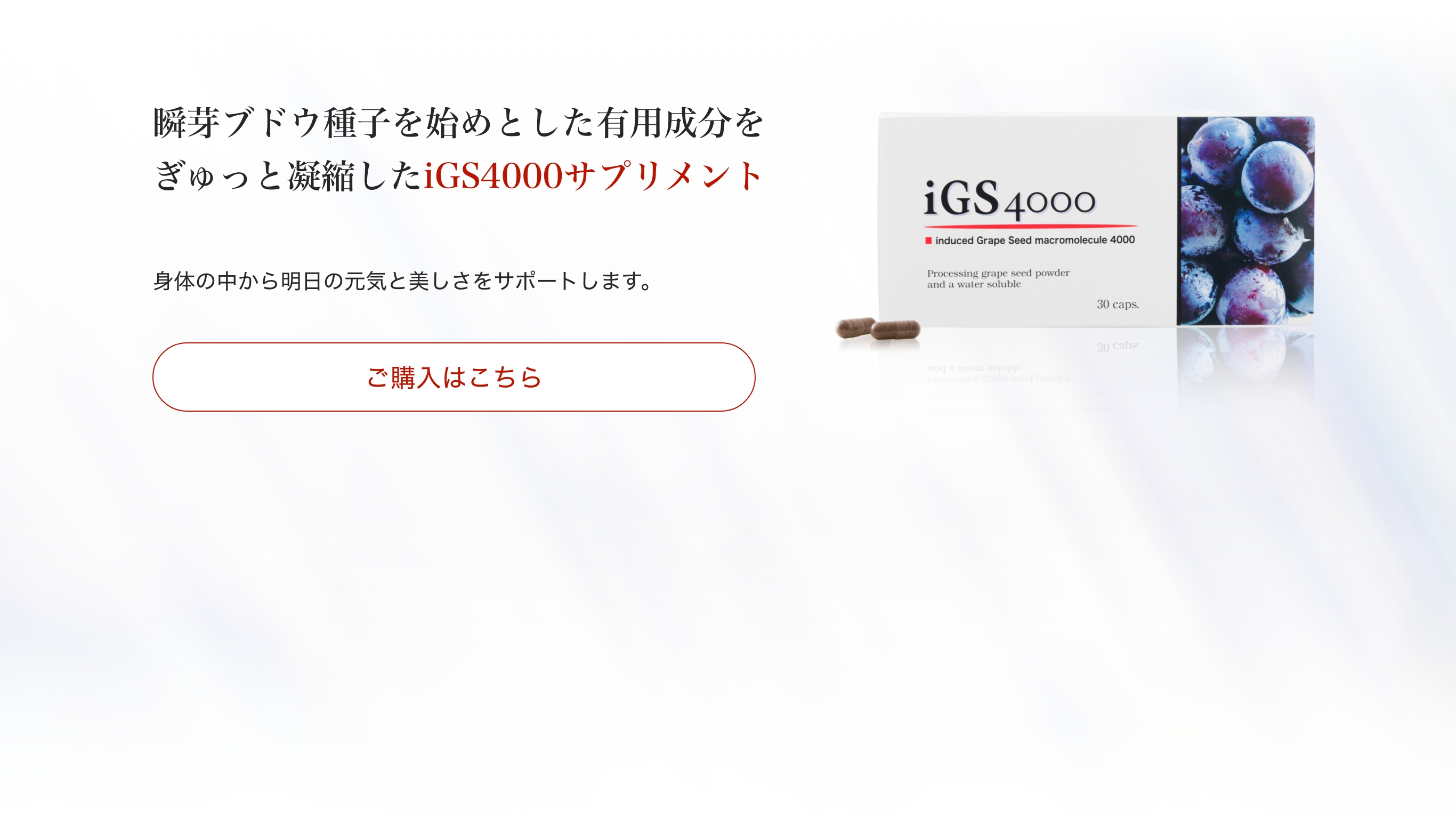 igs4000のご購入はこちらから。瞬芽ブドウ種子を始めとした有用成分をぎゅっと凝縮したiGS4000サプリメント。身体の中から明日の元気と美しさをサポートします。