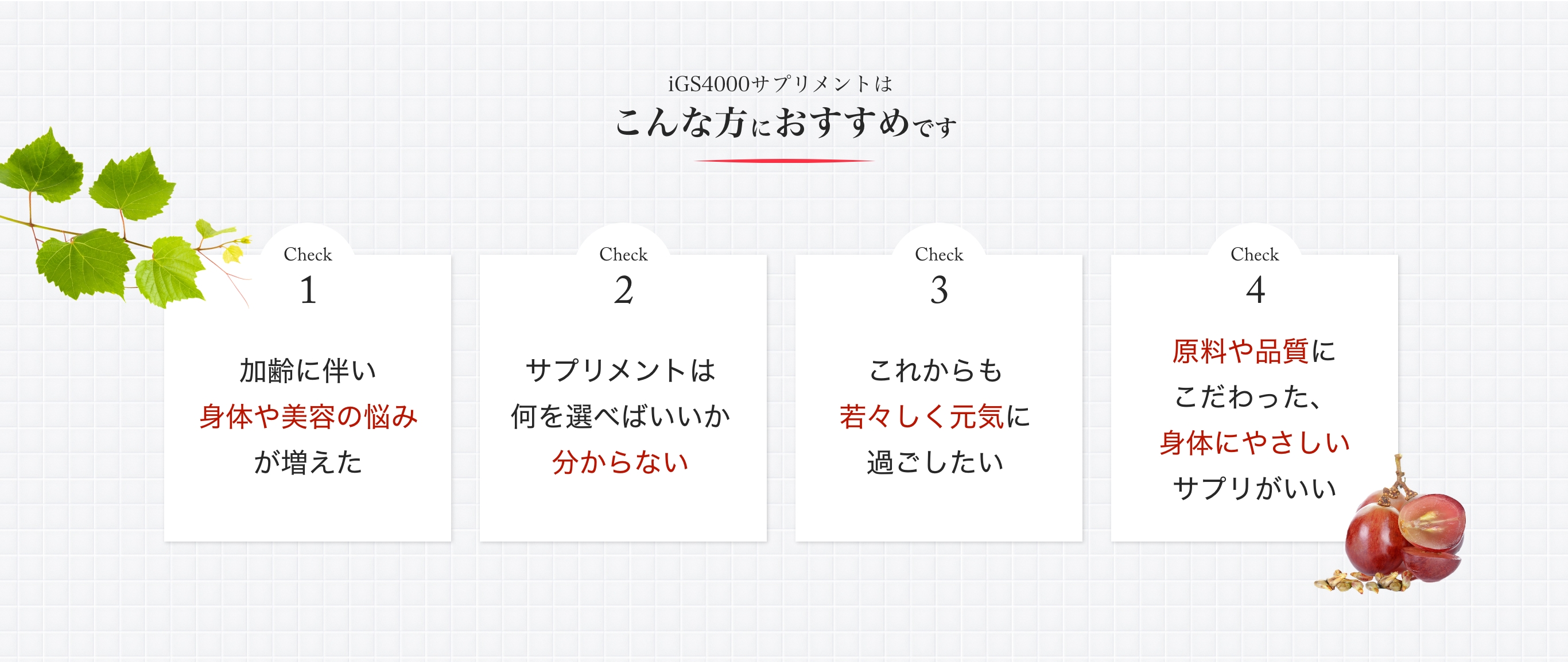 iGS4000サプリメントはこんな方におすすめです。①加齢に伴い身体や美容の悩みが増えた②サプリメントは何を選べばいいかわからない③これからも若々しく元気に過ごしたい④原料や品質にこだわった身体に優しいサプリがいい