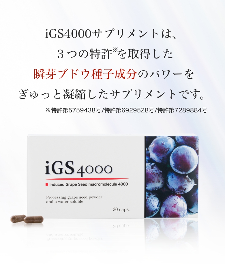 iGS4000サプリメントは、３つの特許を取得した瞬芽ブドウ種子成分のパワーをぎゅっと凝縮したサプリメントです。※特許第5759438号/特許第6929528号/特許第7289884号